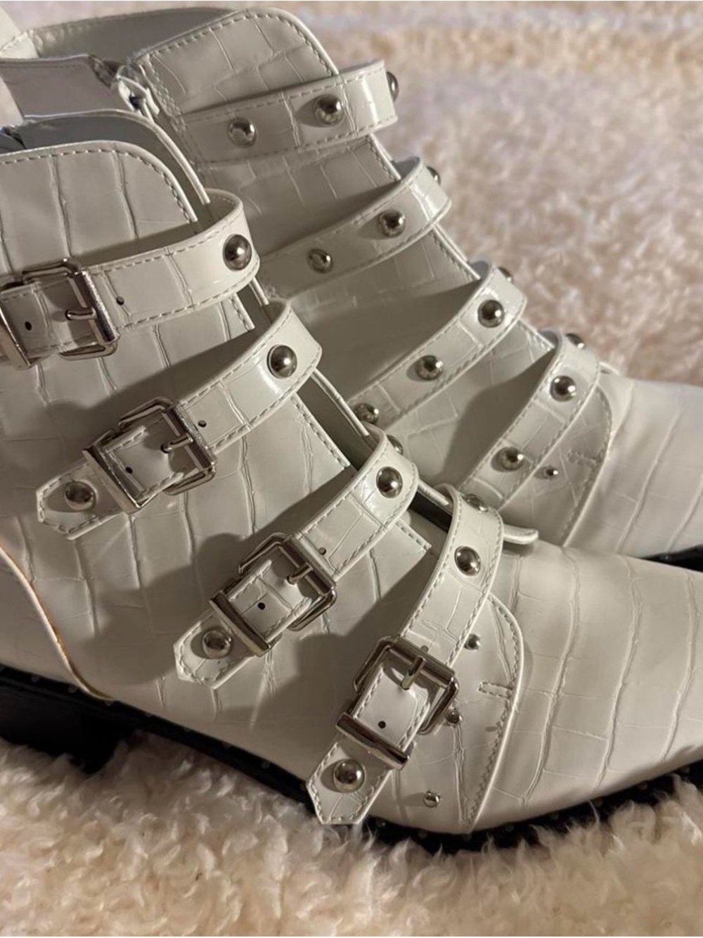 White Buckled Croc-Embossed Women's Ankle Boots
